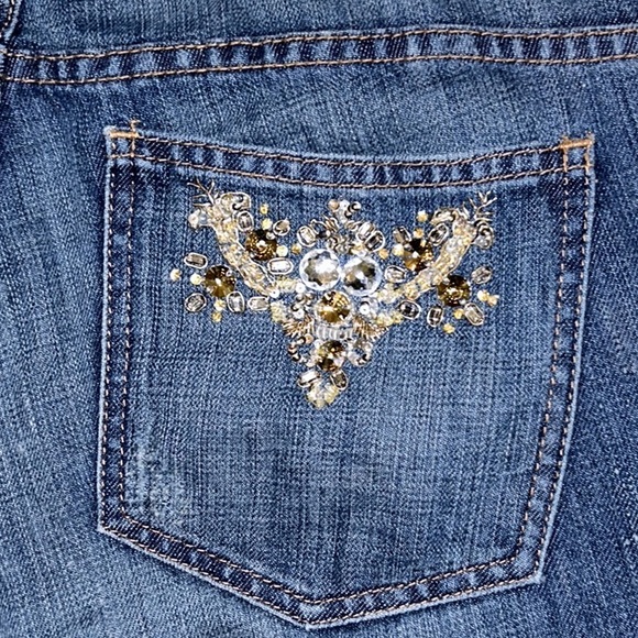 Escada Vintage Y2K Embellished Rhinestone Low Rise Flared Distressed Jeans - 8 - Picture 8 of 14